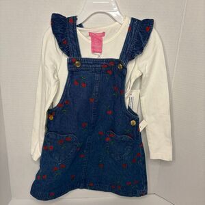 Isaac Mizrahi New York Toddler Denim Overall Dress Heart Cherry Embroidery 3T
